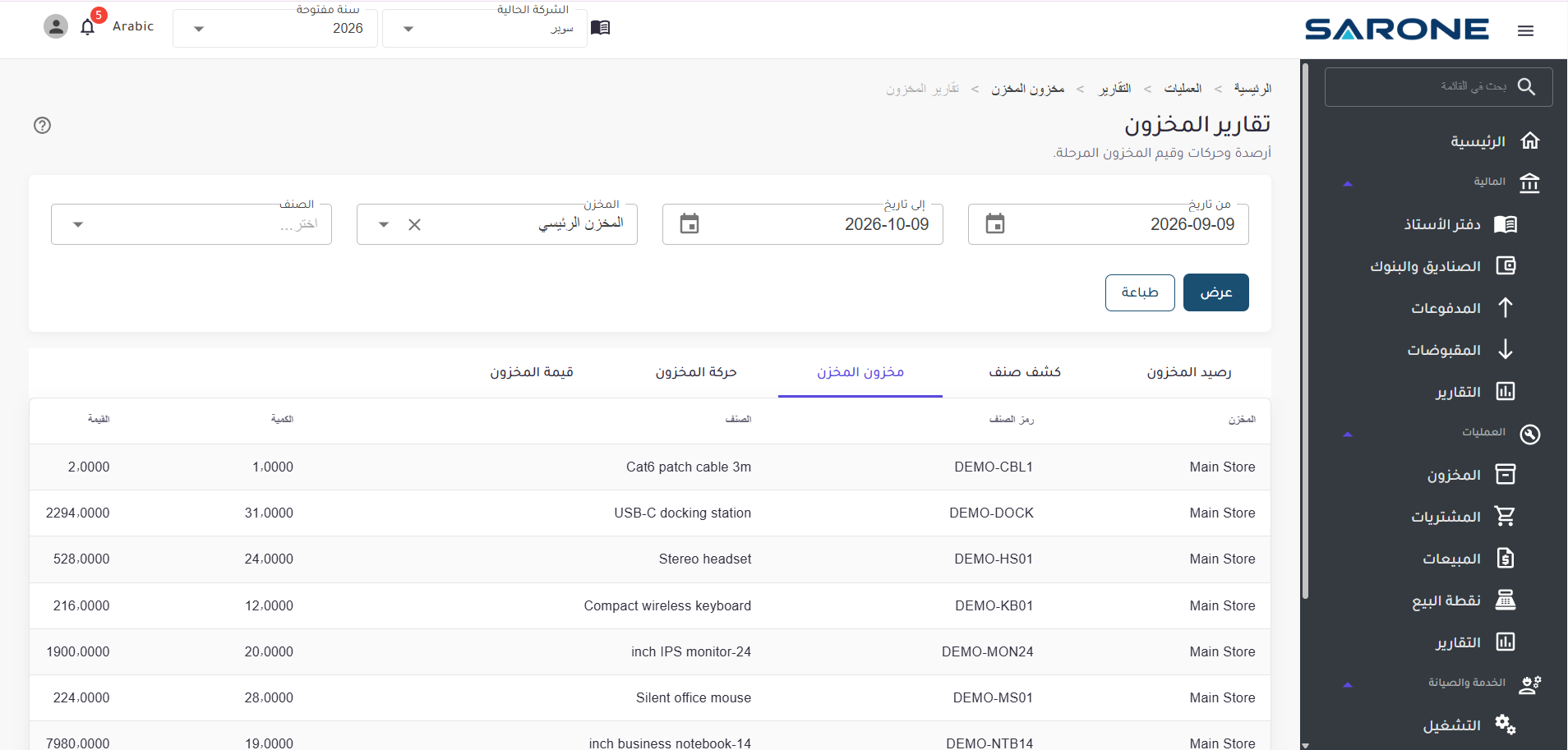 مخزون المخزن في SARONE