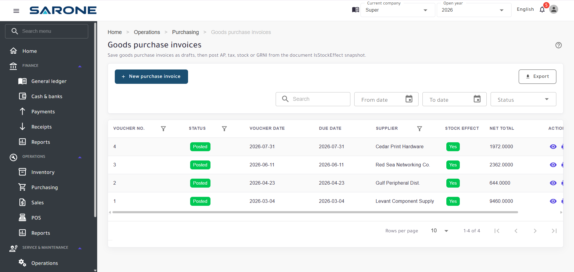 SARONE goods purchase invoices