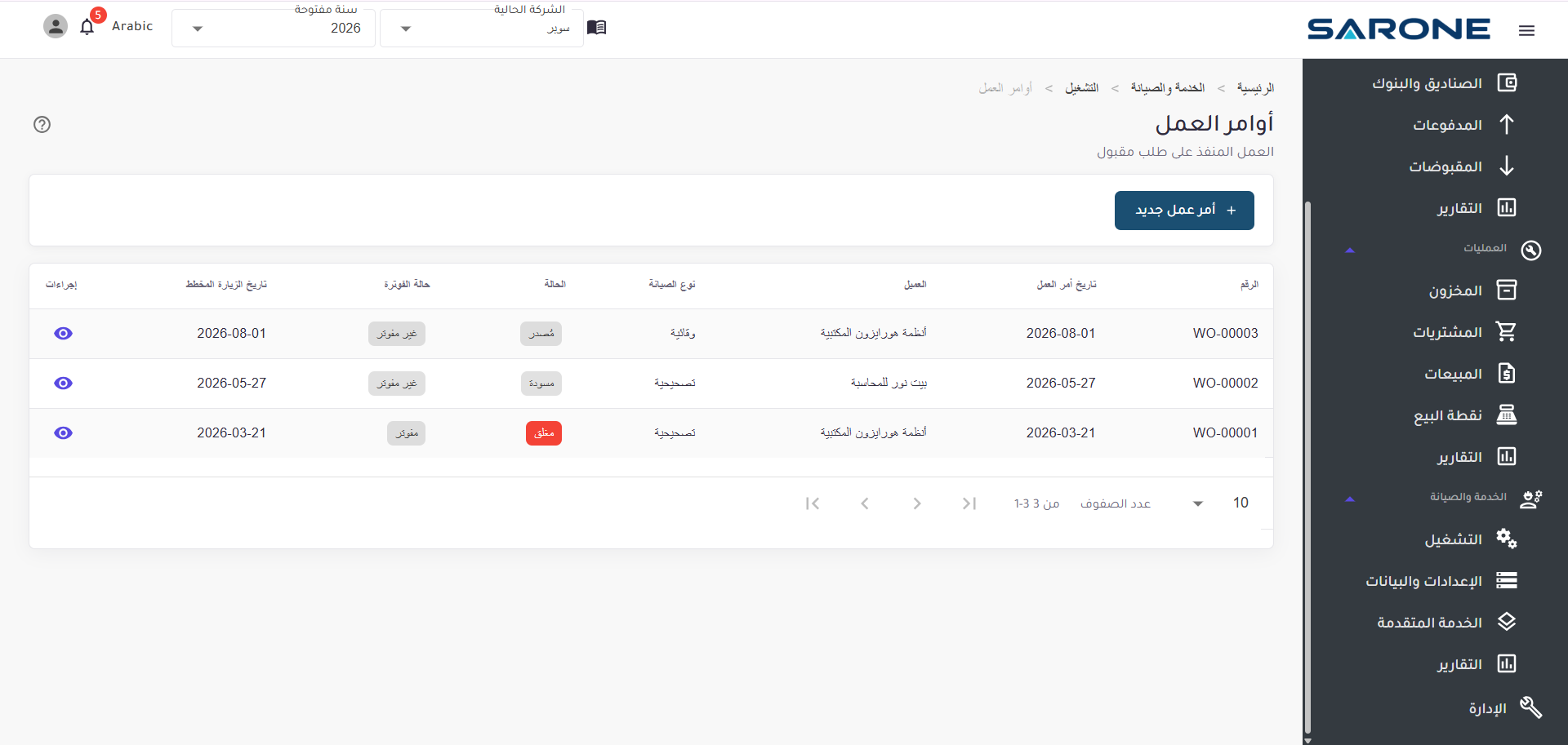 أوامر العمل في SARONE